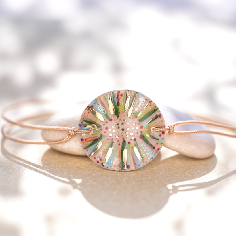 Bracelet en céramique vert rose et bleu, doré à l'or fin - Modèle Jardin de Méditerranée - Cala Gioia