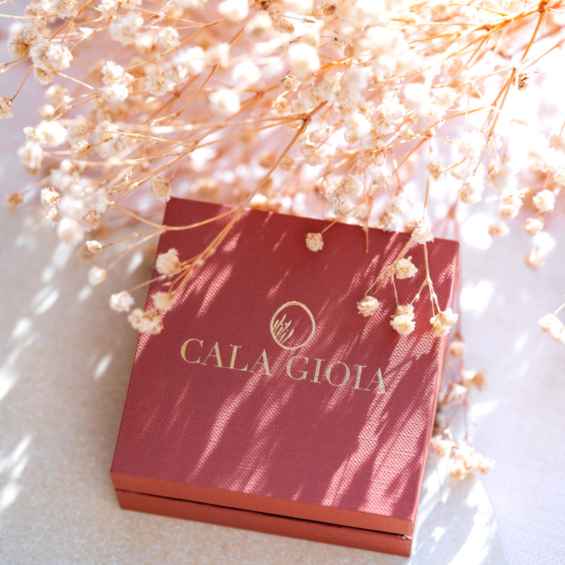 Mise en scène de notre écrin signature Cala Gioia près d'une branche de gypsophile. Une élégante boîte terracota dans laquelle chaque bijou est soigneusement emballé.