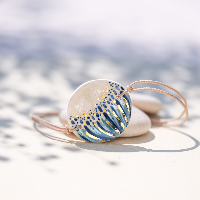 Bracelet en céramique bleu marine et turquoise, doré à l'or fin - Modèle Rivage Ensoleillé - Cala Gioia